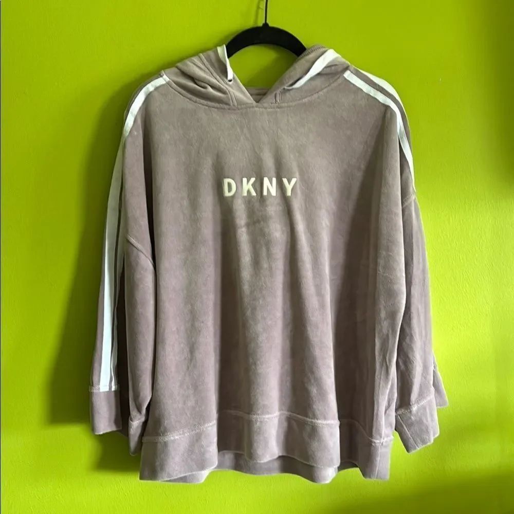 DKNY Taupe/Purple Velour Oversized Hoodie With White Stripes Size L